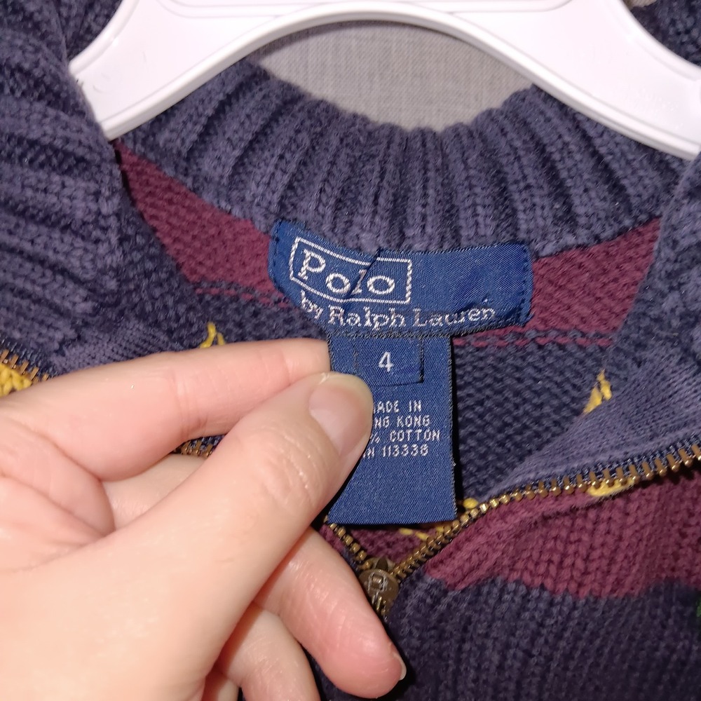 Polo Ralph Lauren Boys Striped Quarter Zip Sweater Maroon Navy Yellow 4 Logo - Picture 4 of 4